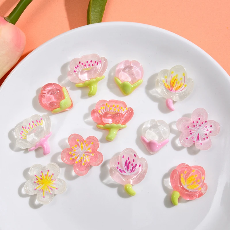 120pcs Transparent Resin Sakura Flat Back Cabochon Peach Blossom Series Bud Flower Bloom Charm Diy Scrapbook Crafts Supplies