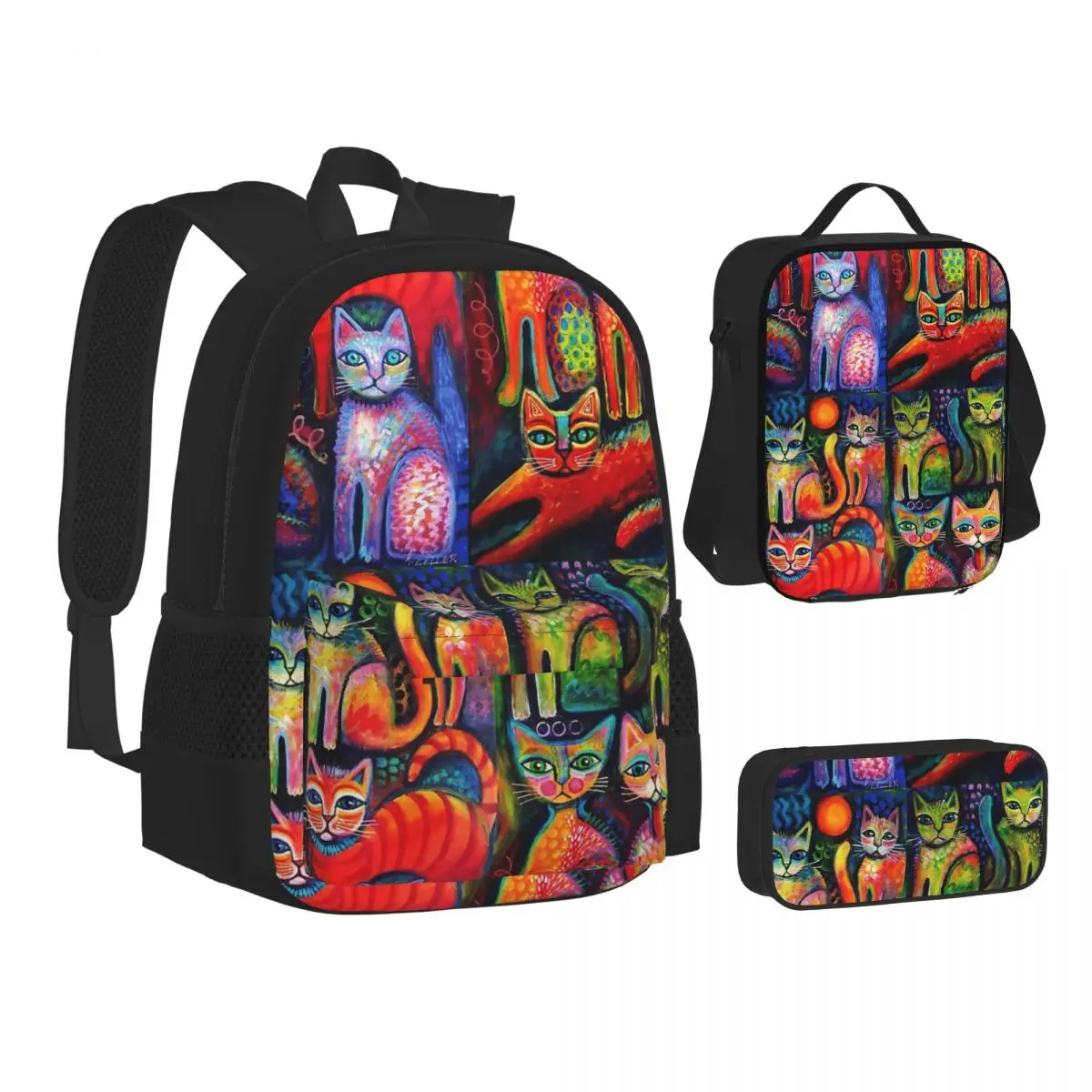 Cute Kittens Backpacks Students Bookbag School Bags Kids Rucksack Lunch Bag Pen Bag Three-Piece Set