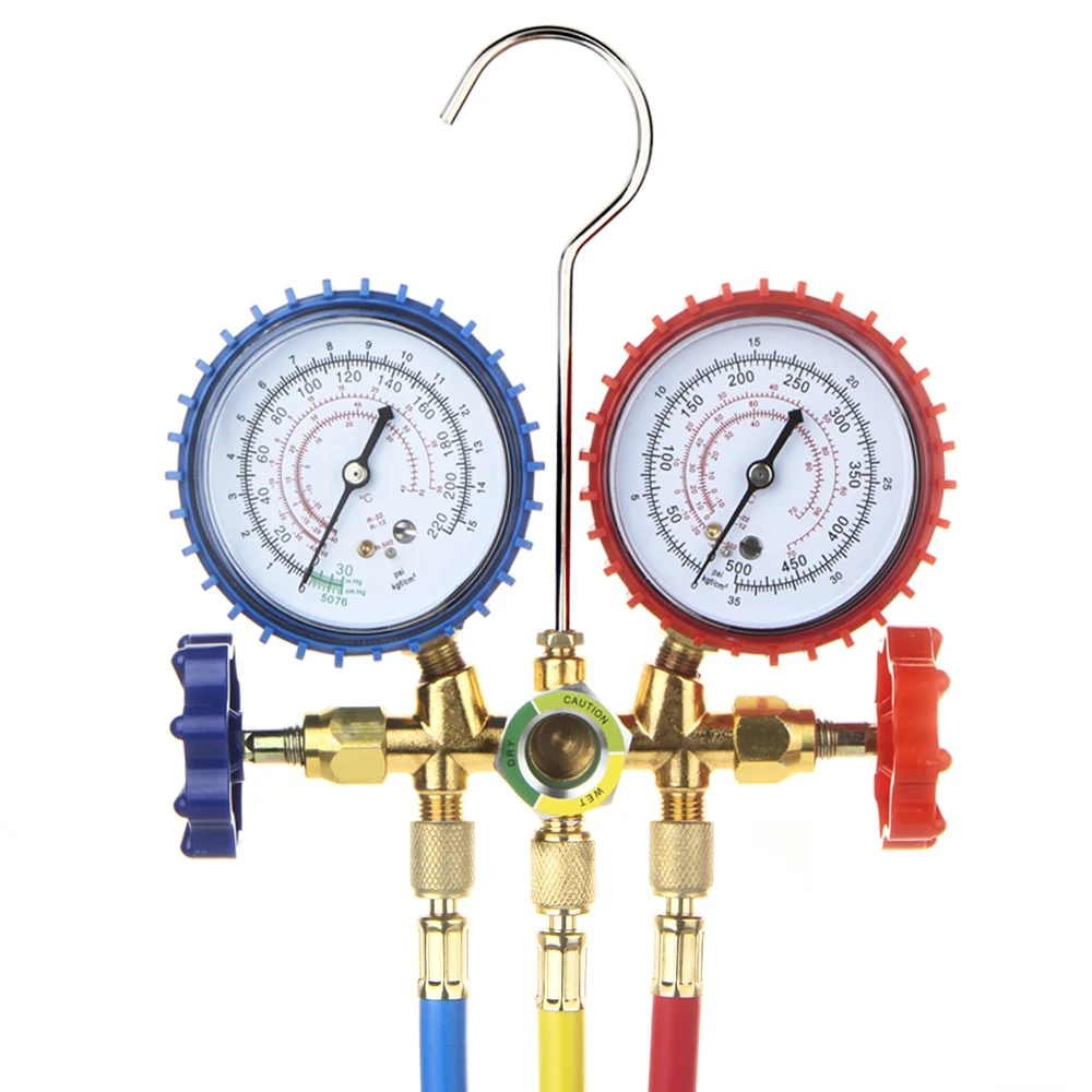 Air Conditioning Pressure Gauge with Hose and Hook 3 Way AC Diagnostic Manifold Gauge Set for Freon For R12 R22 R404A R134a