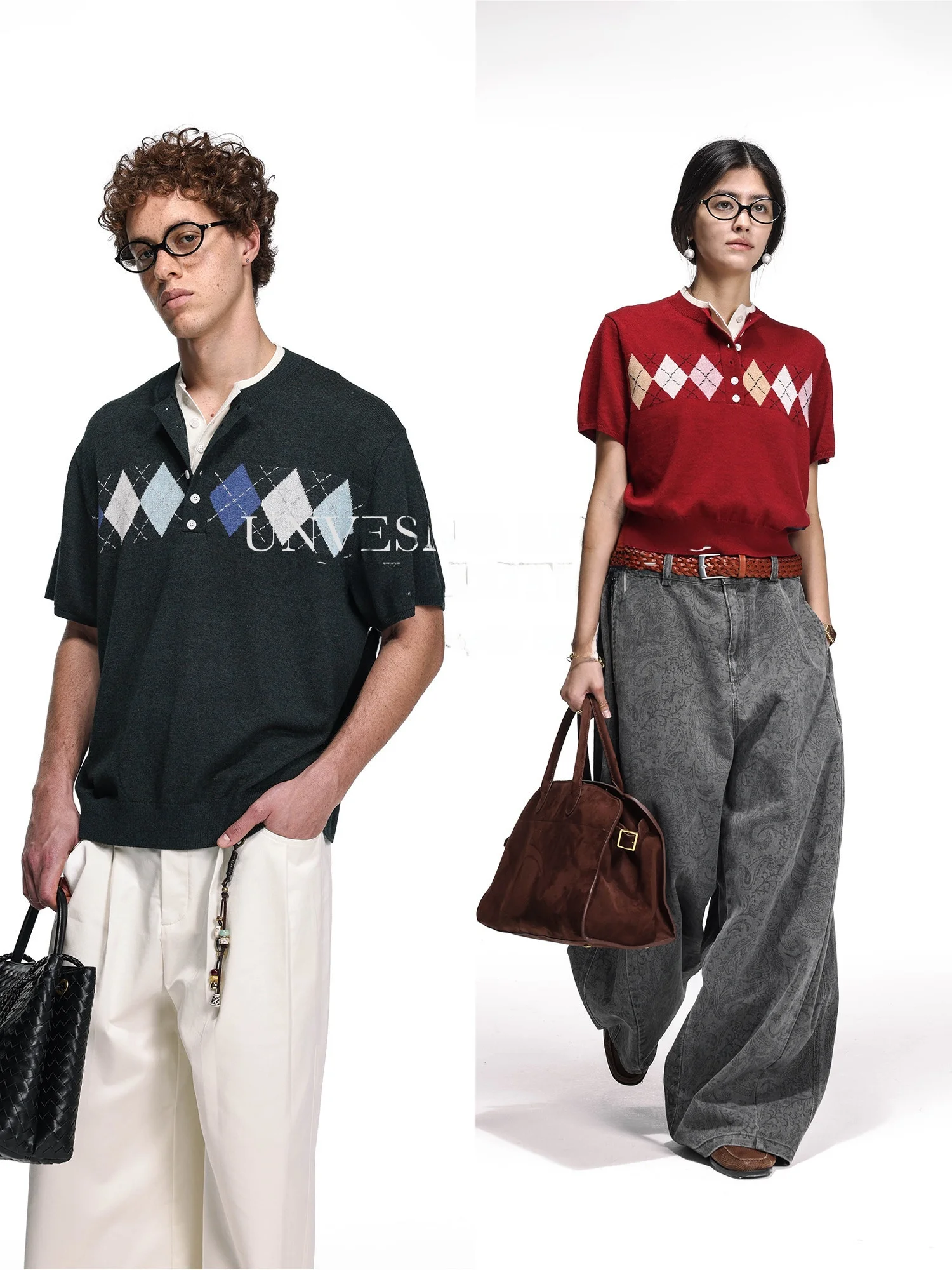 

UnvesnoUNmiu College Sle Knitted ort Sve Fake Two-Piece Color Blo Diamond Pattern ex Spring Faion Urban Wear