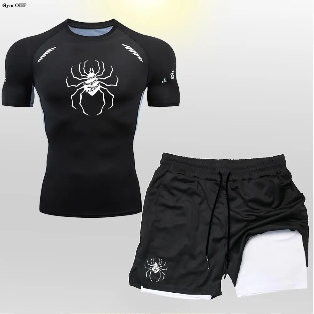 Anime Hunter X Compression Shirt Men Spider T 2 in 1 Shorts Sets Gym Running Sportswear Tennis Musculation Set Mens