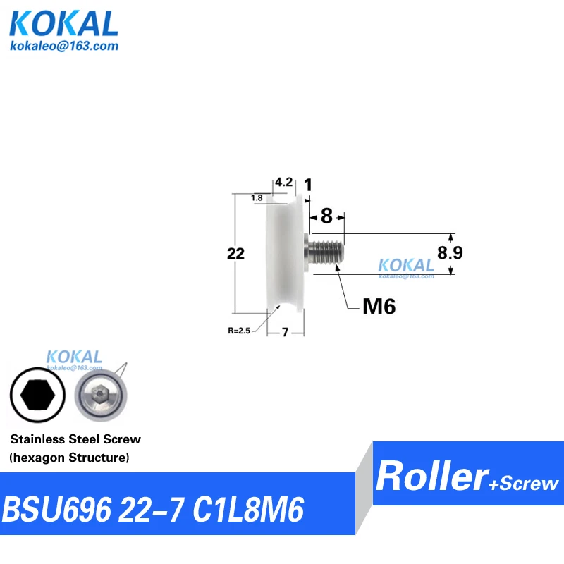 [U0622-7K]1PCS Low Noise 696zz coated POM plastic WHEEL Roller U groove type 22MM sliding door roller wheel Screw 6*22*7MM