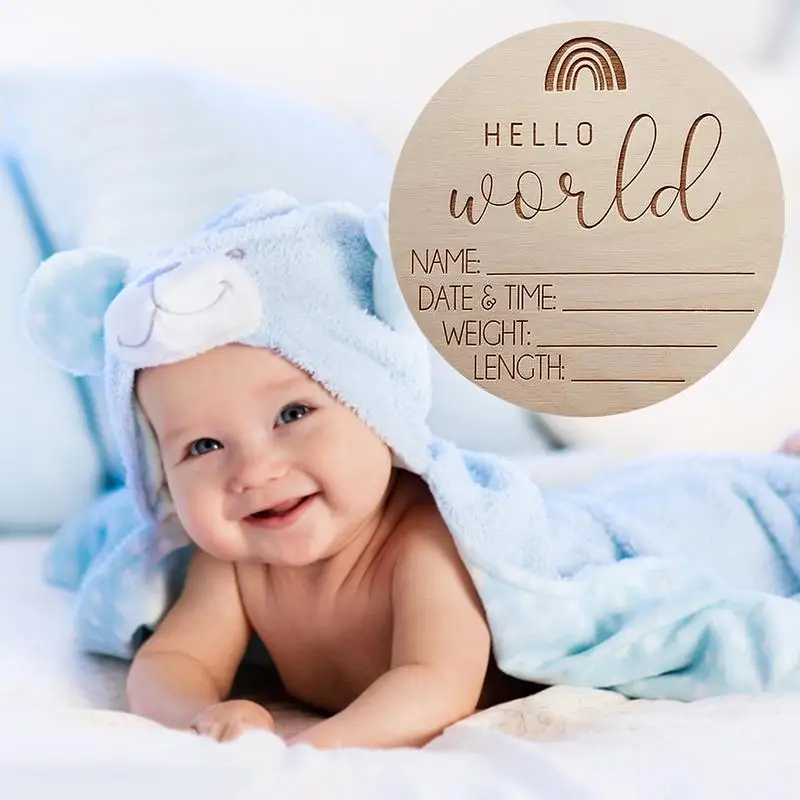 5pcs Wooden Baby Milestone Card Newborn Recording Cards Baby Birth Commemorative Cards Hello Worlds Sign Photography Props