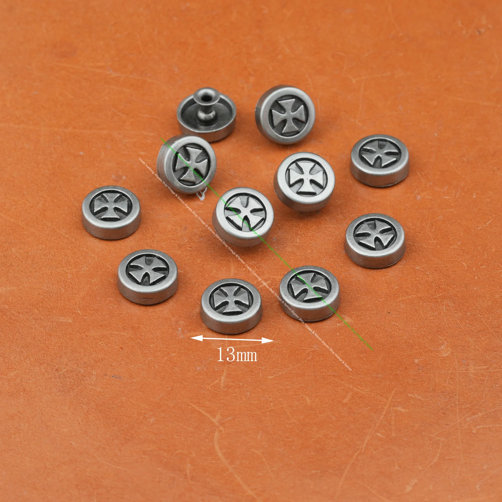 50pc Retro Silver 13mm Cross Carved Rivets Stud Spots for Bag Belt Leathercraft