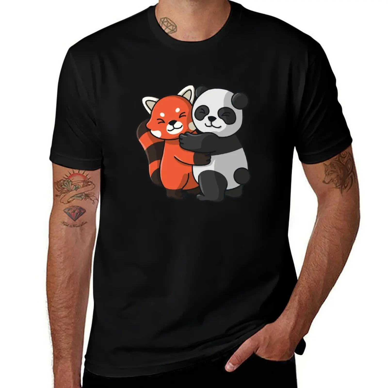 red Panda and Panda cute Hug Cuddle Animals T-Shirt Plus Size Workout Short Sleeve Top T-Shirt