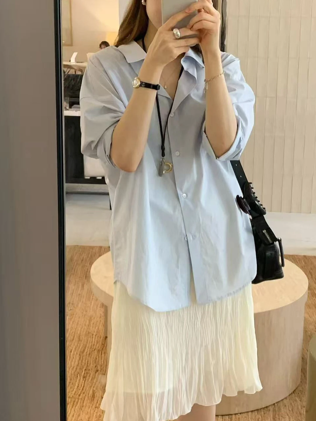 

Light Blue Women's Shirt Summer Korean Style Loose Comfortable Slimming Versatile Commute Lazy Style Outerwear Blouse