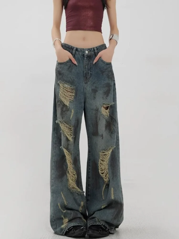 Deeptown-Calça feminina de perna larga de cintura alta, streetwear vintage americano, harajuku estético, calça jeans solta hip hop, Y2k, 2024