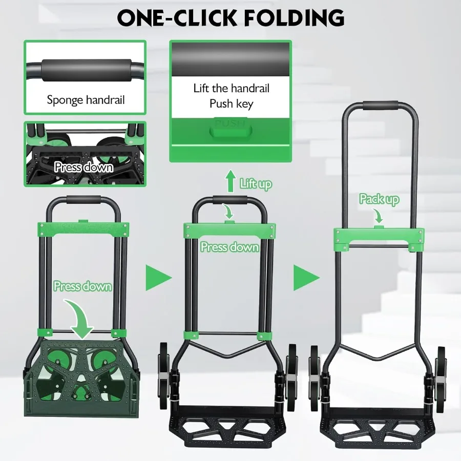 شاحنة يدوية شديدة التحمل بسعة 330 رطل مع عجلات لتسلق الدرج ومقبض OneTouch قابل للسحب لتحريك فعال من الحمل الثقيل