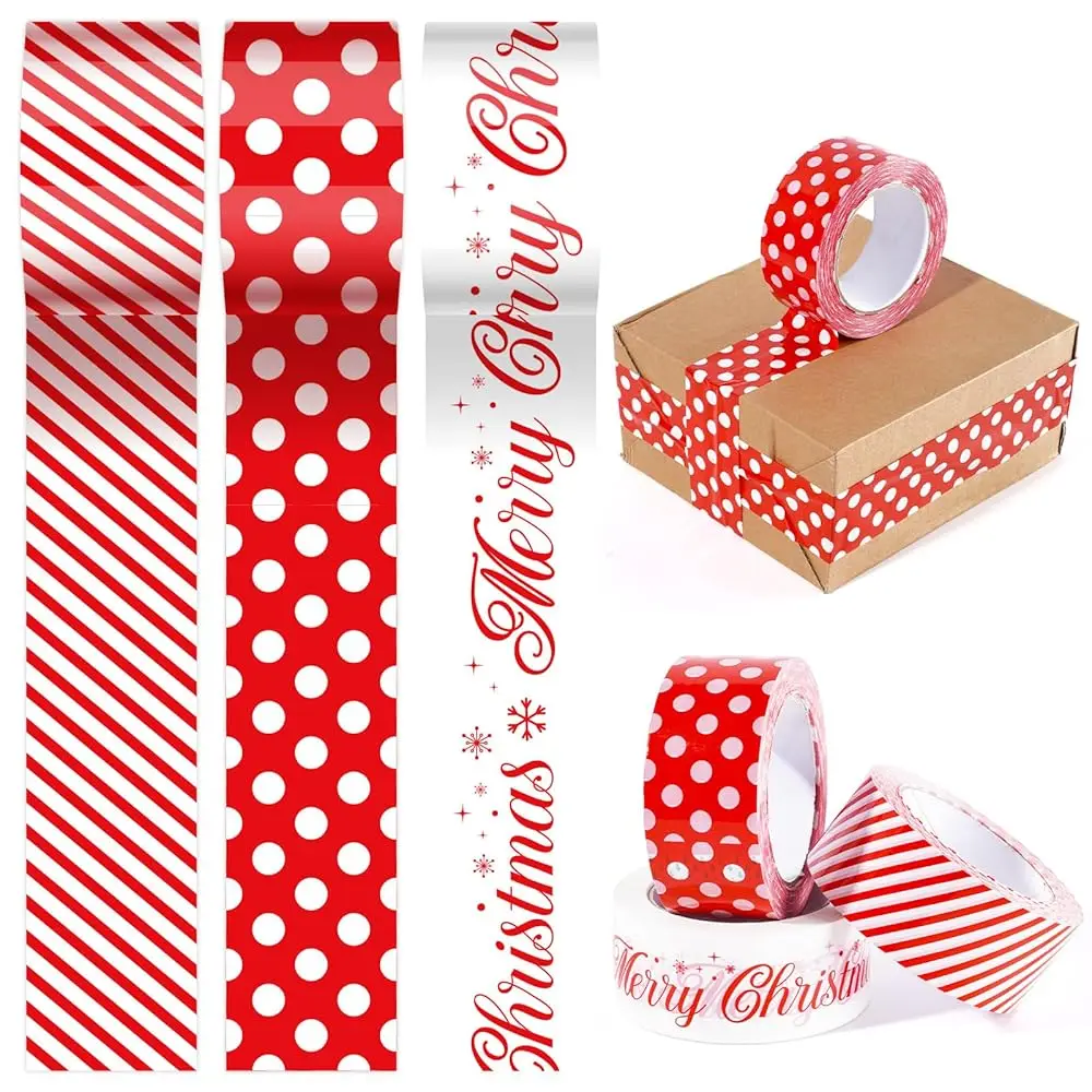 Christmas Packing Tape Gift Wrapping Tape Red White Xmas Stripe Dot Letter Printed Tapes for Small Business DIY Crafts Box C