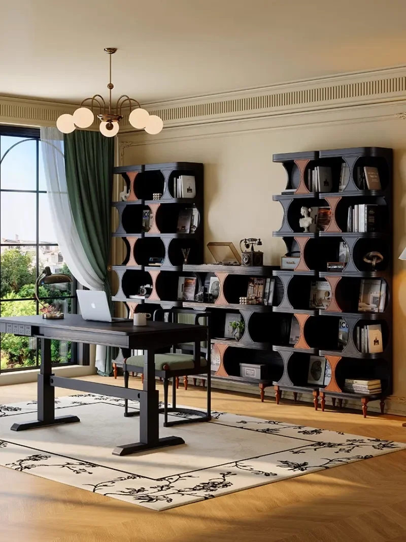 Módulo de sala de estar retro francés, mueble lateral de suelo combinado, vitrina de estantería corta de madera maciza