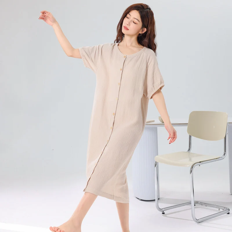 Spring Summer Women's Cardigan Nightgown Japanese Crepe Cotton Minimalist Home Wear Pajamas Lady Short Sleeves O-Neck Nightdress