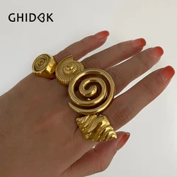 GHIDBK Stainless Steel Conch Croissant Glossy Spiral Hollow Chunky Open Rings for Women Summer Beach Fashion Holiday Jewelry