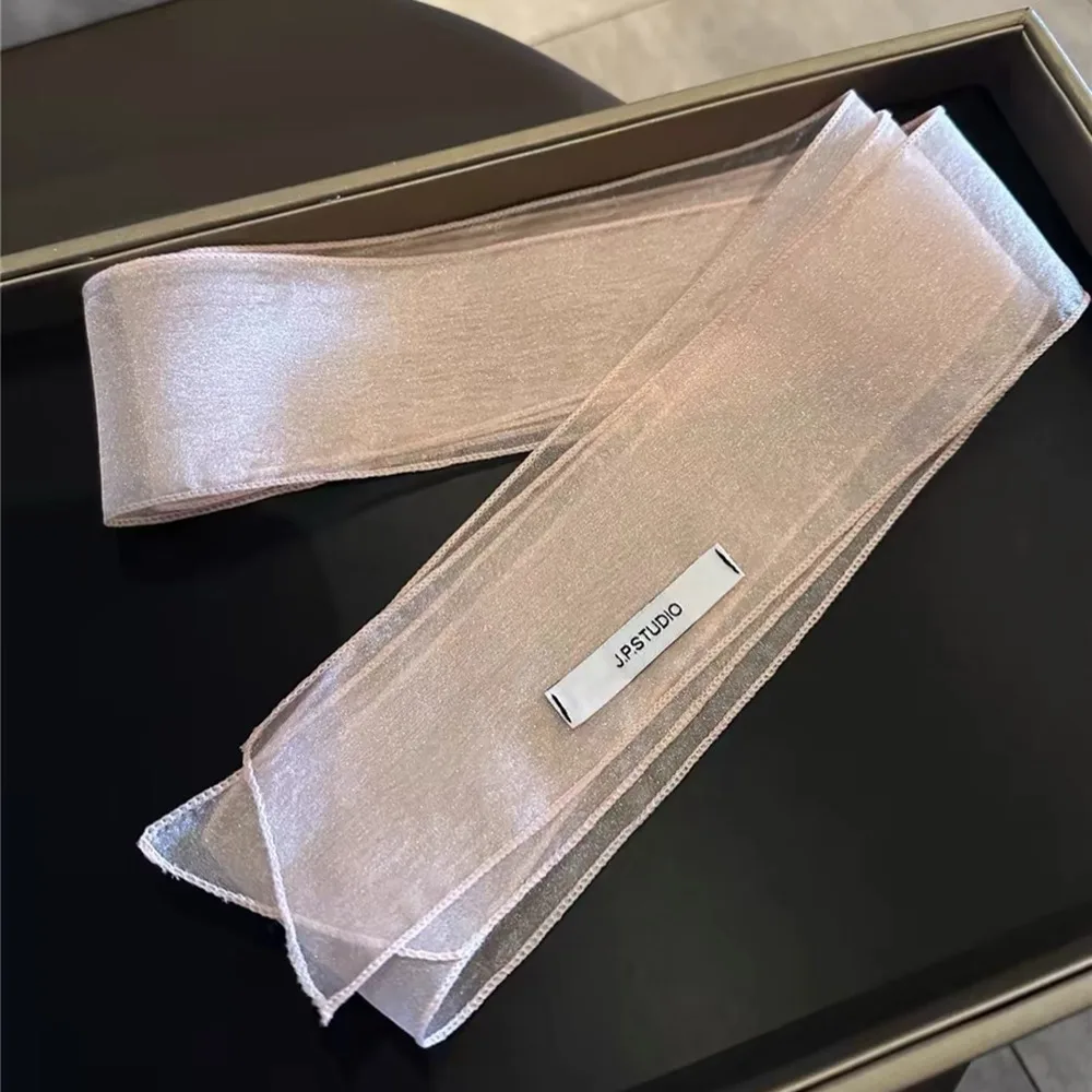 Elegant Silk Material Silk Scarf Thin Korean Style Headband Pearl Shiny Long Narrow Scarf Spring Summer