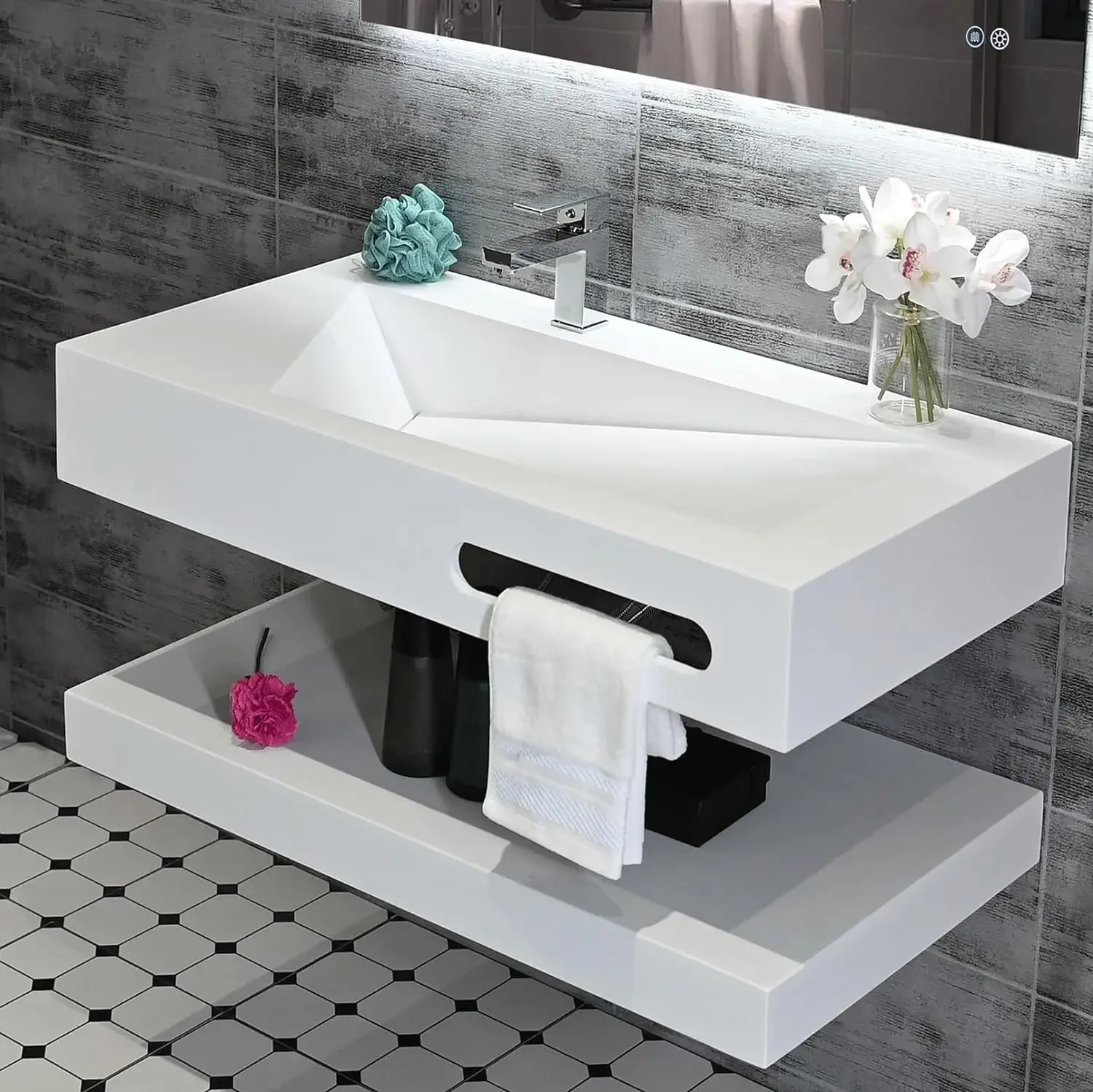 Wall Mount Bathroom Vanity with Sink Stone Resin Floating Vanity Sink Rectangular Vessel Sinks for Bathroom White