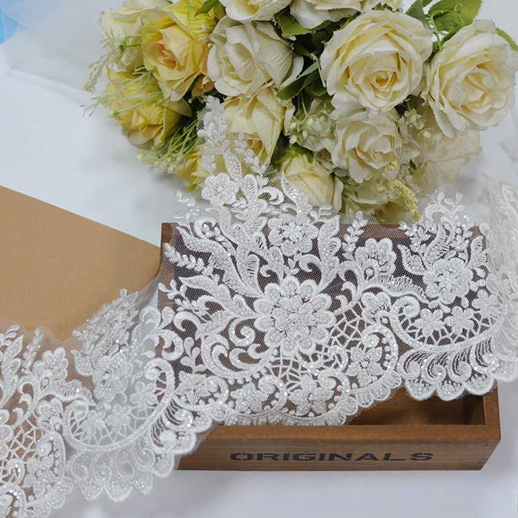 5 Yards/Packung Hochwertiger weißer Perlenstickerei-Spitzenkopfschleier, Hochzeitskleid, Dekorationszubehör, handgemachtes DIY – Detail 2