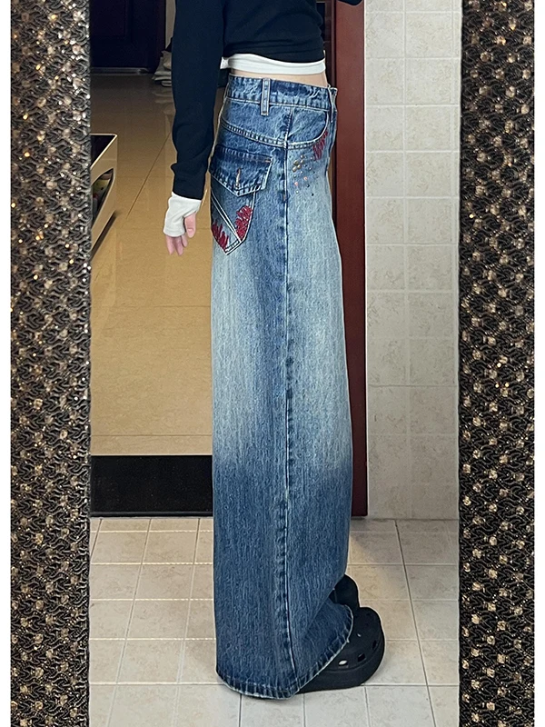 

Широкие джинсы с американской вышивкой в стиле ретро, женские свободные брюки прямого кроя длиной до пола, косой, осень-зима, новинка S...