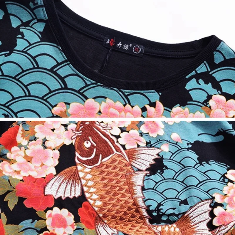 Lyprerazy Embroidery T-shirt Chinese Style Carp Fish Dragon Embroidery Short-sleeved Men\'s T-shirt Cotton Tops Tees