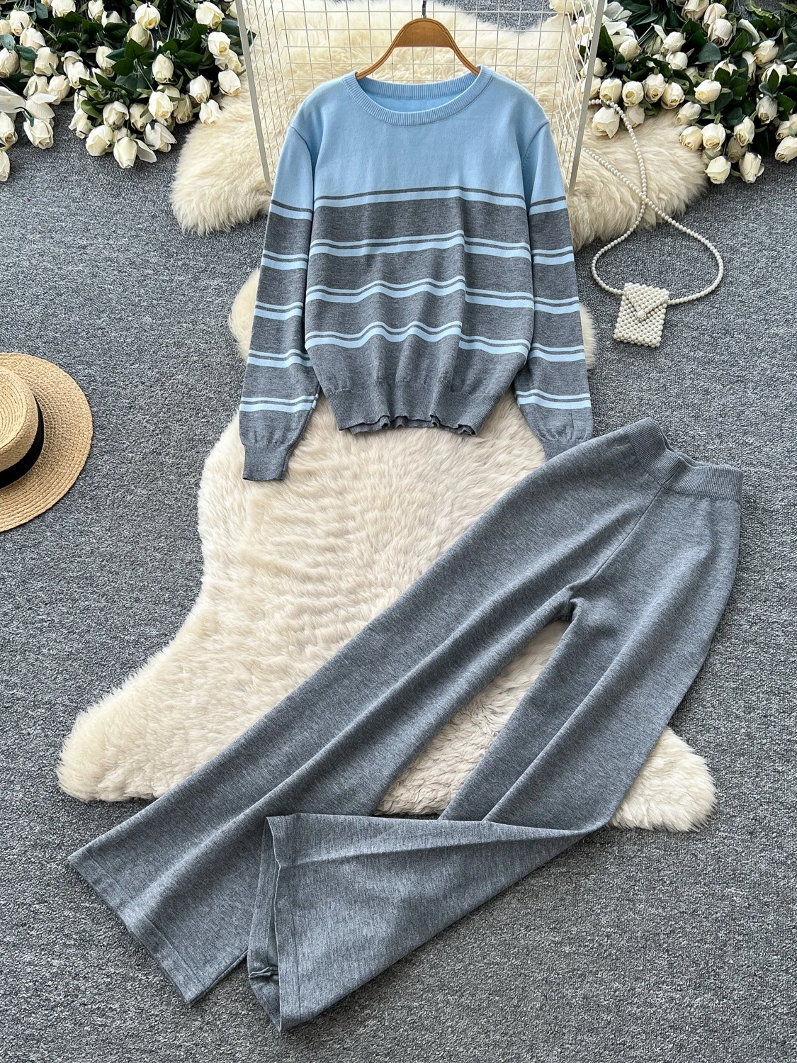 Ladies High Waist Wide Leg Pants Knitted Set Slimming Long Sleeve Striped Top Bottoms Two Piece Suit Comfortable Fashionable