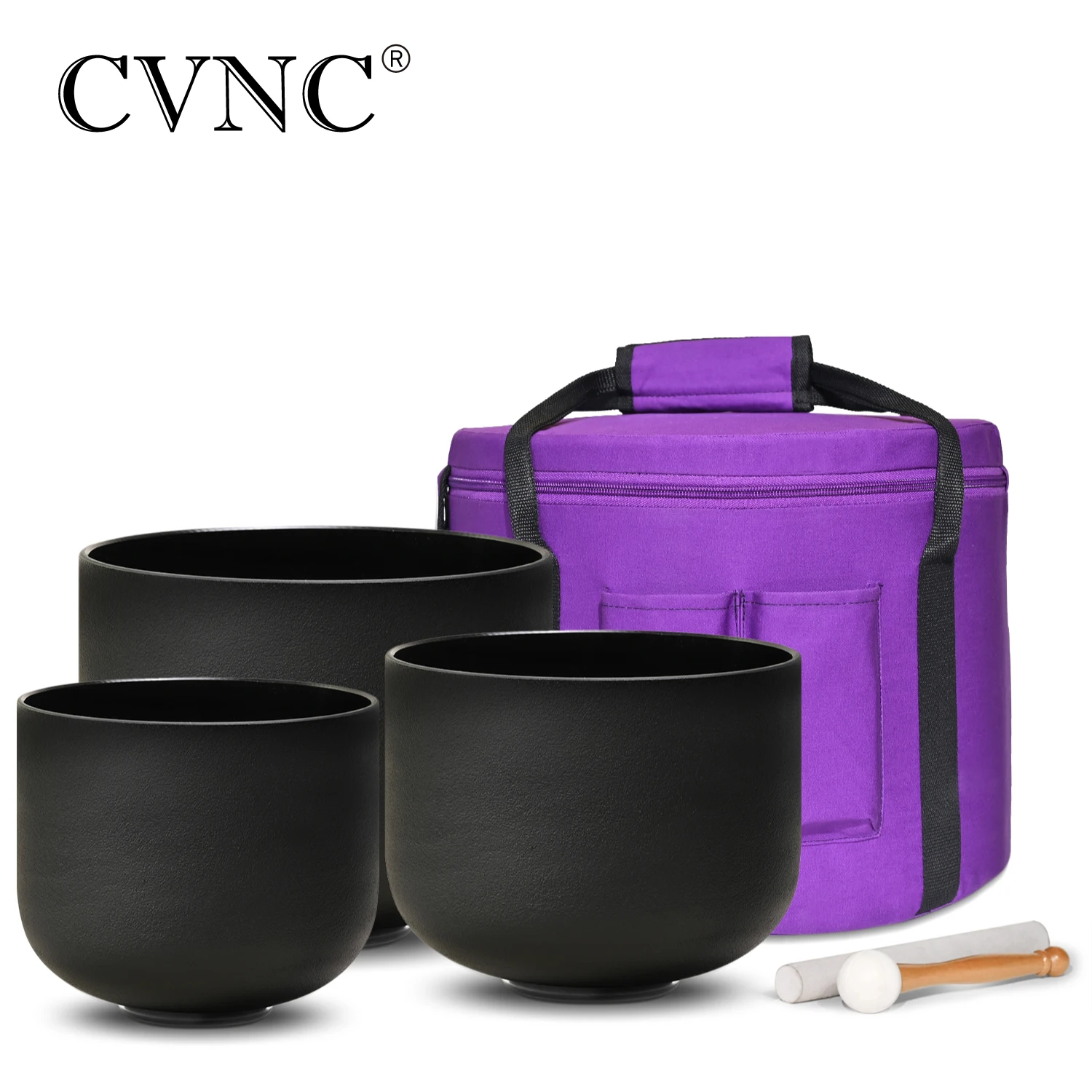 

CVNC 8"B 10"F 12"C Double black Frosted Quartz Crystal Singing Bowls Chakra Set 3pcs for Sound Healing and Meditation With Bag