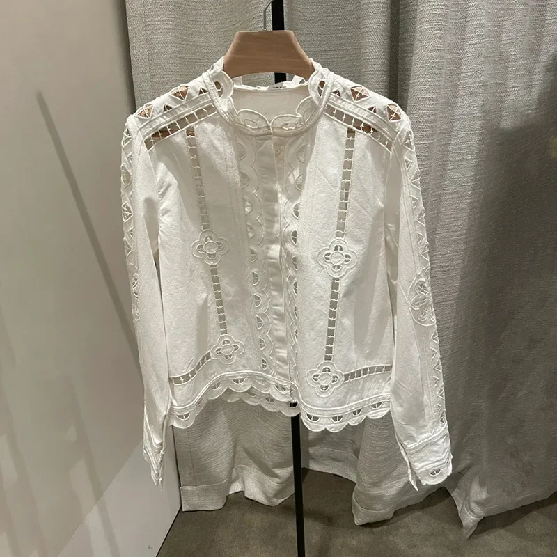 Camisa de manga larga para mujer, camisa con cuello de encaje hueco, Floral, geométrico, exquisito, temperamento Retro, principios de otoño, 2024