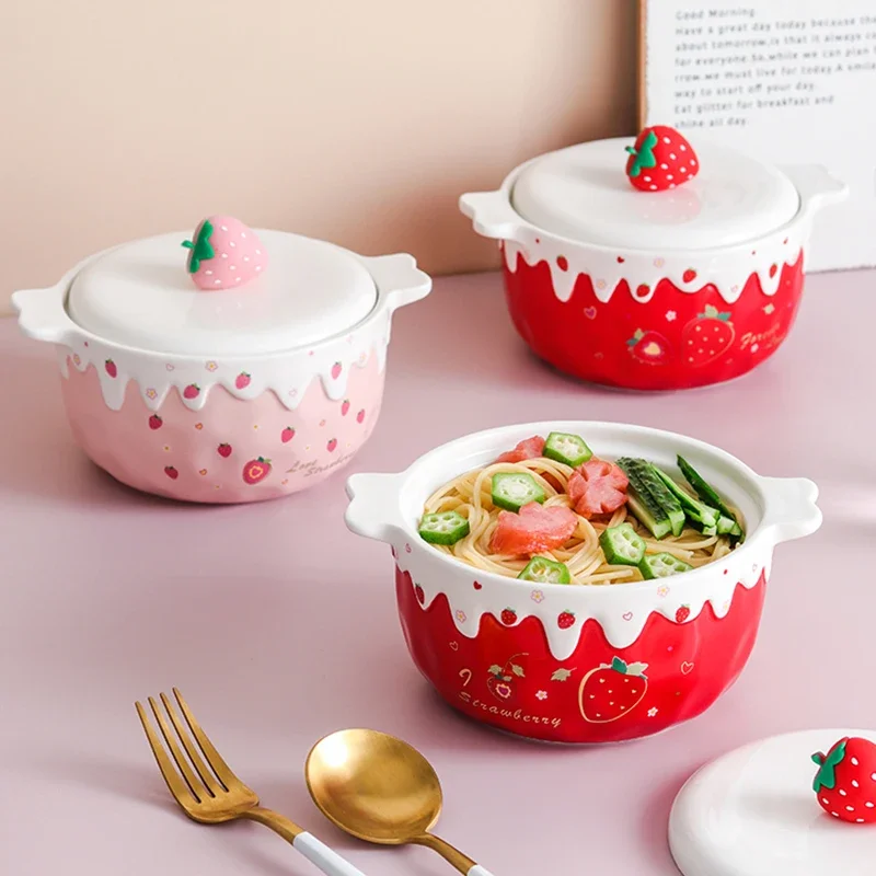 Strawberry Ramen Bowl With Lid Ceramics Cute Large Fruit Instant Noodles Salad Soup Bowl Home Kitchen Tableware 700ml