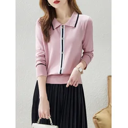 Women's 2024 Spring and Autumn New Fashion Casual Lapel Pullover Color-blocked Button Thin Knitted Long Sleeve Loose Bottom Tops