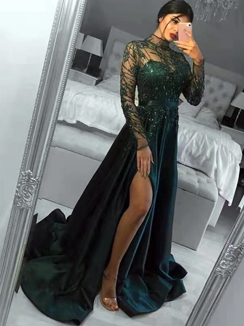 Dark Green Prom Dresses For Women Full Sleeve See Throgh High Neck Evening Gown High Side Split Satin Robe De Soiree Custom Made