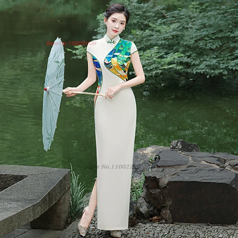 

2025 chinese vintage dress improved cheongsam national flower print patchwork qipao vintage dress oriental banquet party dress
