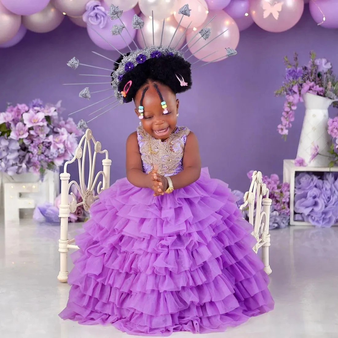 Lavender Purple Flower Girl Dresses Lace Appliqued Flowergirl Dress Beading Princess Little Kids Girls Birthday Party Gowns