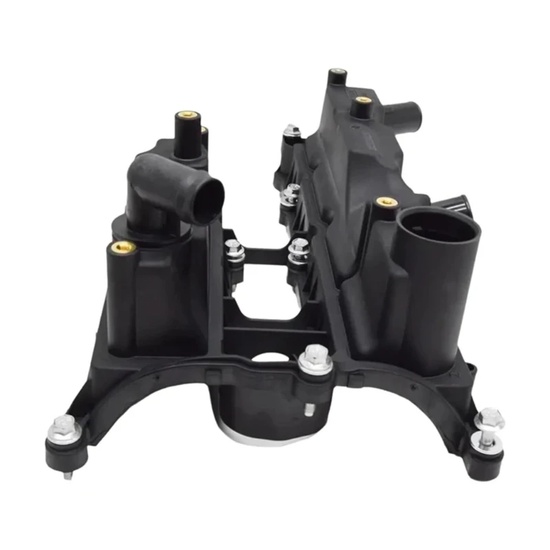 31430883 Black Plastic Engine Valved Cover with Molded Connection Ports, Metal Threaded Inserts and Attached Fasteners for