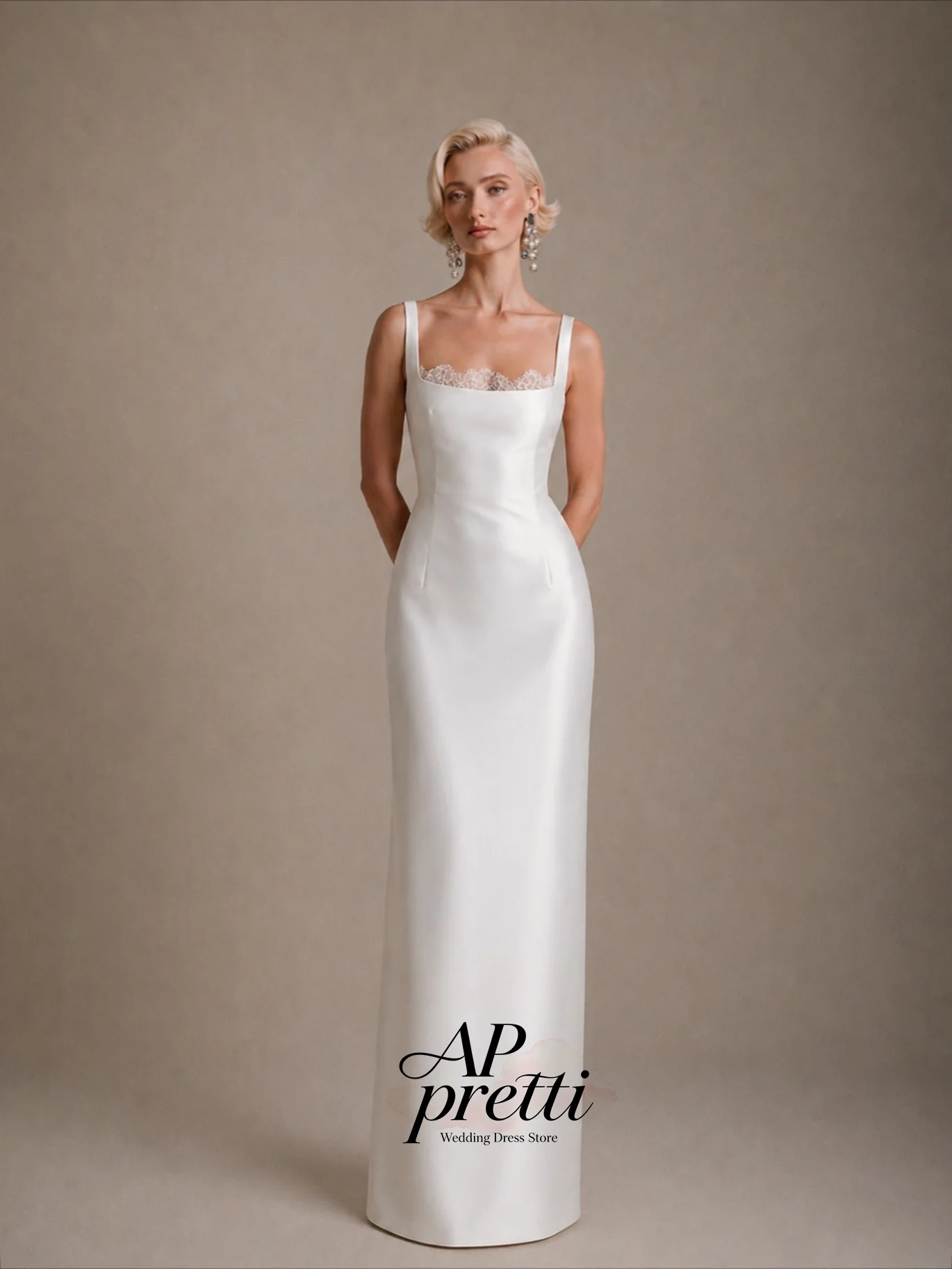 AP pretti Simple Satin Wedding Dress Sleeveless Customized Square Neck Floor-Length Straight Bridal Gown Vestidos De Novia