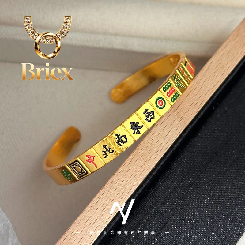 Briex Jewelry Luxury 24K 9999 Pure Gold real gold Thirteen Bracelet Ring Enamel Open Mahjong Bracelet
