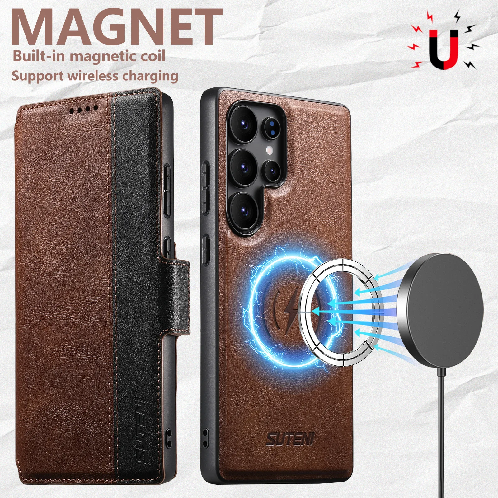 

For Samsung S25/S24/S23/S22 Ultra Phone Case Retro Stitching Color Blocking Card Wallet Magnetic Charging 2 In 1 Leather Case