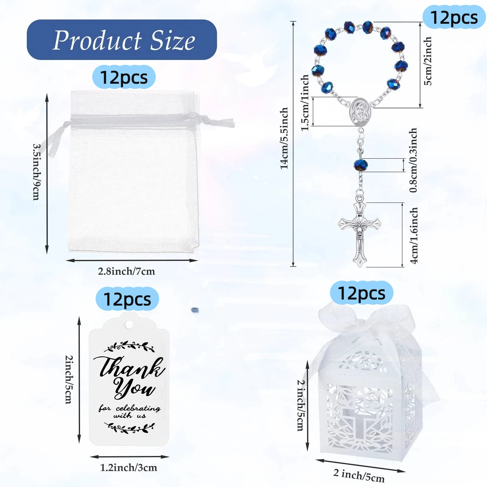 12 Packs Blue Catholic Rosary Beads with Cross, First Communion Baptism Favors for Guests, Rosary Gifts with Favor Boxes, Organz