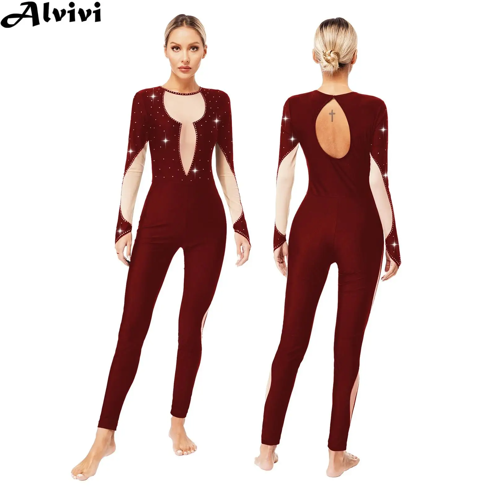 Women Figure Skating Leotard Ballet Dance Gymnastics Acrobatics Yoga Performance Jumpsuit Long Sleeve Rhinestone Mesh Bodysuit