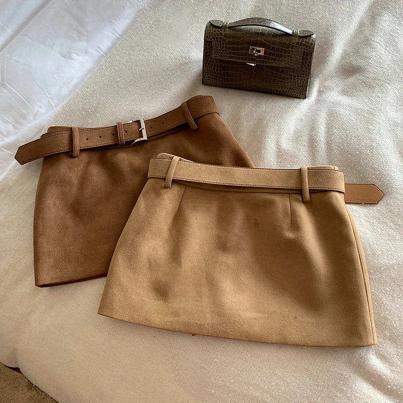 

Retro Suede Skirt Women's Design Sensation Brown Leather Skirt High Waist A-Line Skirt Polyester Blend Daily Wear
