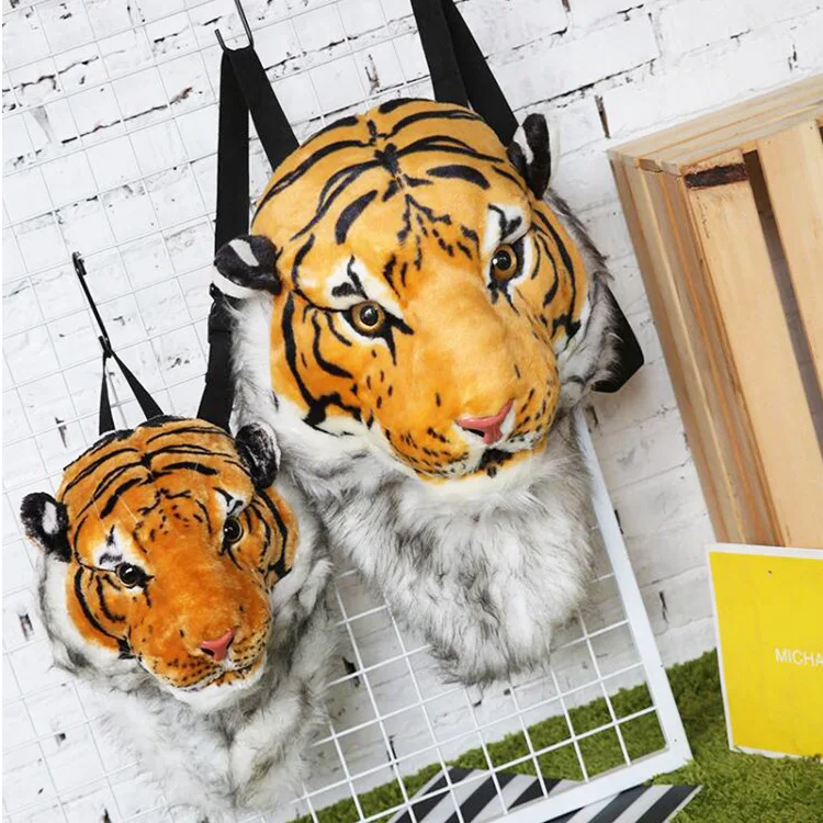 2022 New Anime Backpack Plush Tiger Lion Leopard Panda Black Bear Cosplay Man 3D Tiger Head Furry Bag Woman School Bag Halloween