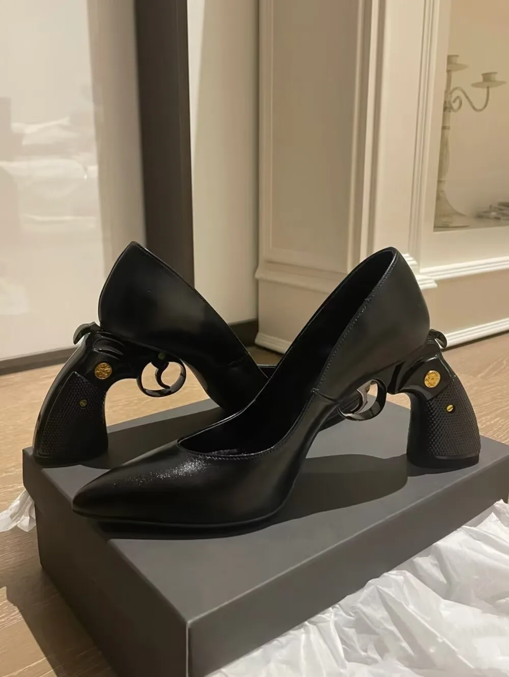 Sleek Leather Pointed Toe Gun Heel Pumps Multicolor Leather Finishes Minimalist Style Footwear for Themed Party Night-Out Looks