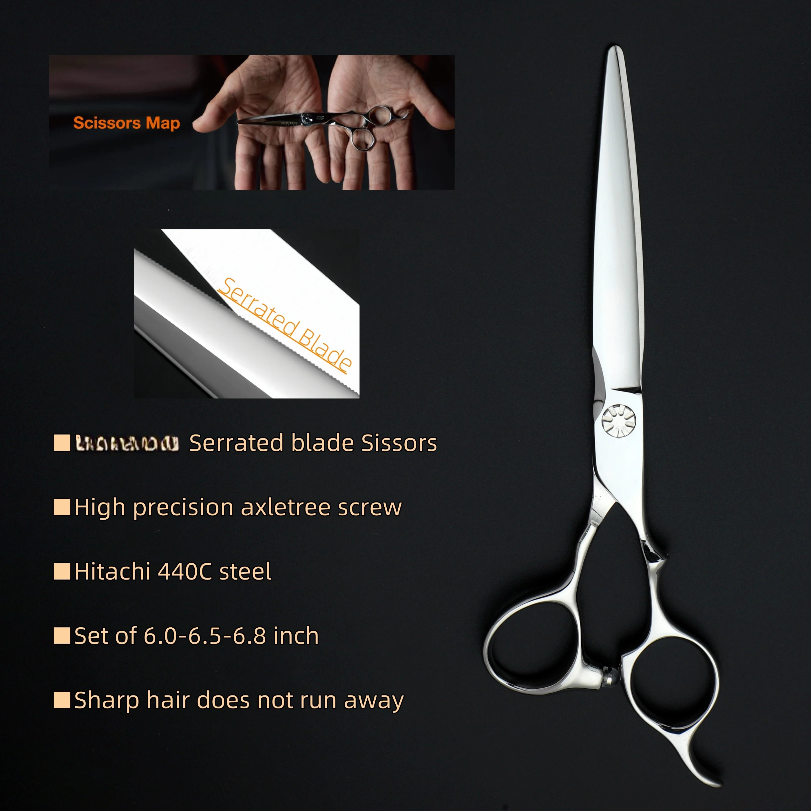 

Professional Serrated hair scissors，6.0-6.5-6.8 inches barber accessories，Japan 440C steel barber machines，Hair cutting tools