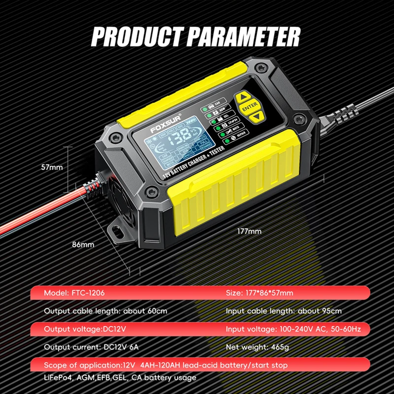 FOXSUR 12V 6-Amp Battery Charger /Tester for Motorcycle Car Battery Charger /Tester Support Car Battery Health Check and Repair