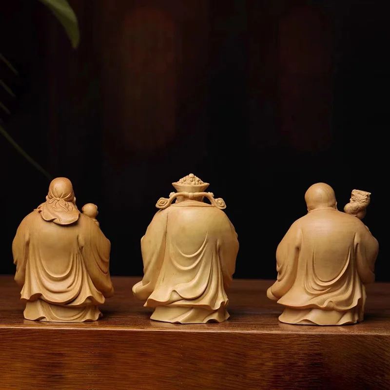 Natural Solid Wood Fu Lu Shou- Characters Statue Wooden Hand-Carved Home Room Office Fortune Decoration Statue Three-piece set - Image 2