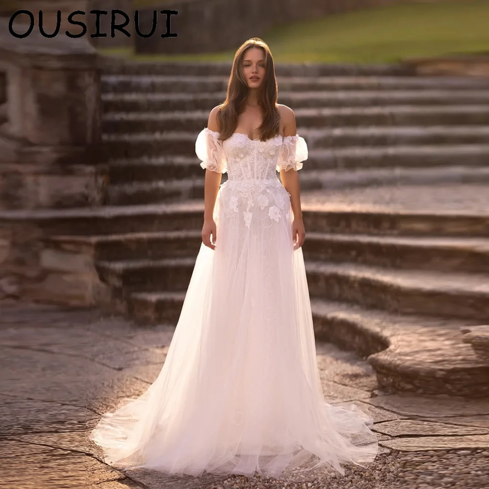 OUSIRUI Captivating Boat Collar Tulle illusion Wedding Dress with Appliques Lace A-line Backless Court Removable Sleeve robe de