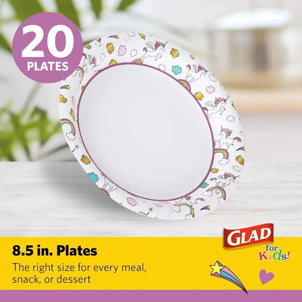 Unicorn Themed Disposable Paper Plates for Kids 8.5 Inch 20 Pack Microwave Safe Soak Proof Coating Snack Party Dinner