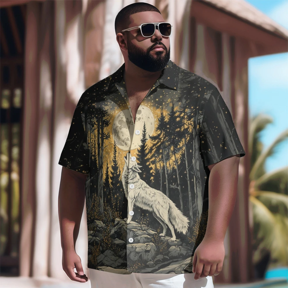 New Hawaiian Goth Men Shirt for Men Full moon night white Wolf Printed Casual Short Sleeve Tops Vintage Plus Size Summer Shirts