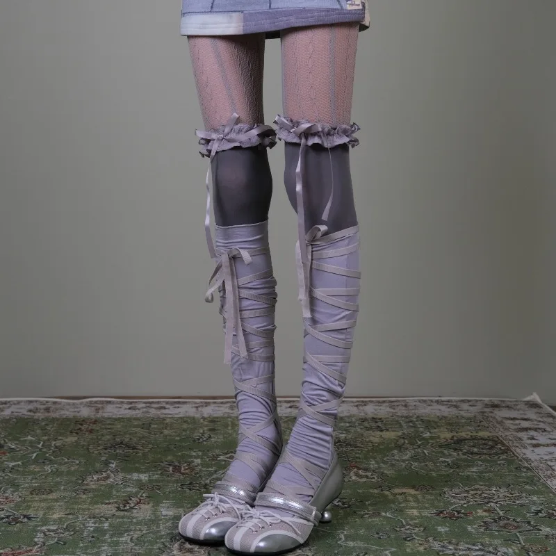 2026 New Vintage Japanese Style Grey Lace-up Over Knee Socks, Pattern Mesh Tights Set, Aesthetic Layered Stockings for Women