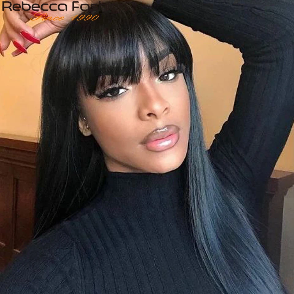 Clearance sales Wig Straight Human Hair Wigs With Bangs NATURAL 100% Remy Human Hair Wigs Hair 18'' Cheap Full Wigs Free Ship