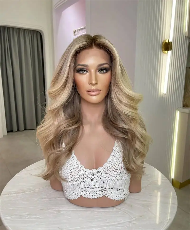 Ombre Blonde Highlight Synthetic Wig with Brown Body Wave Dark Roots Lace Frontal Heat Resistant Glueless for Women Daily Use