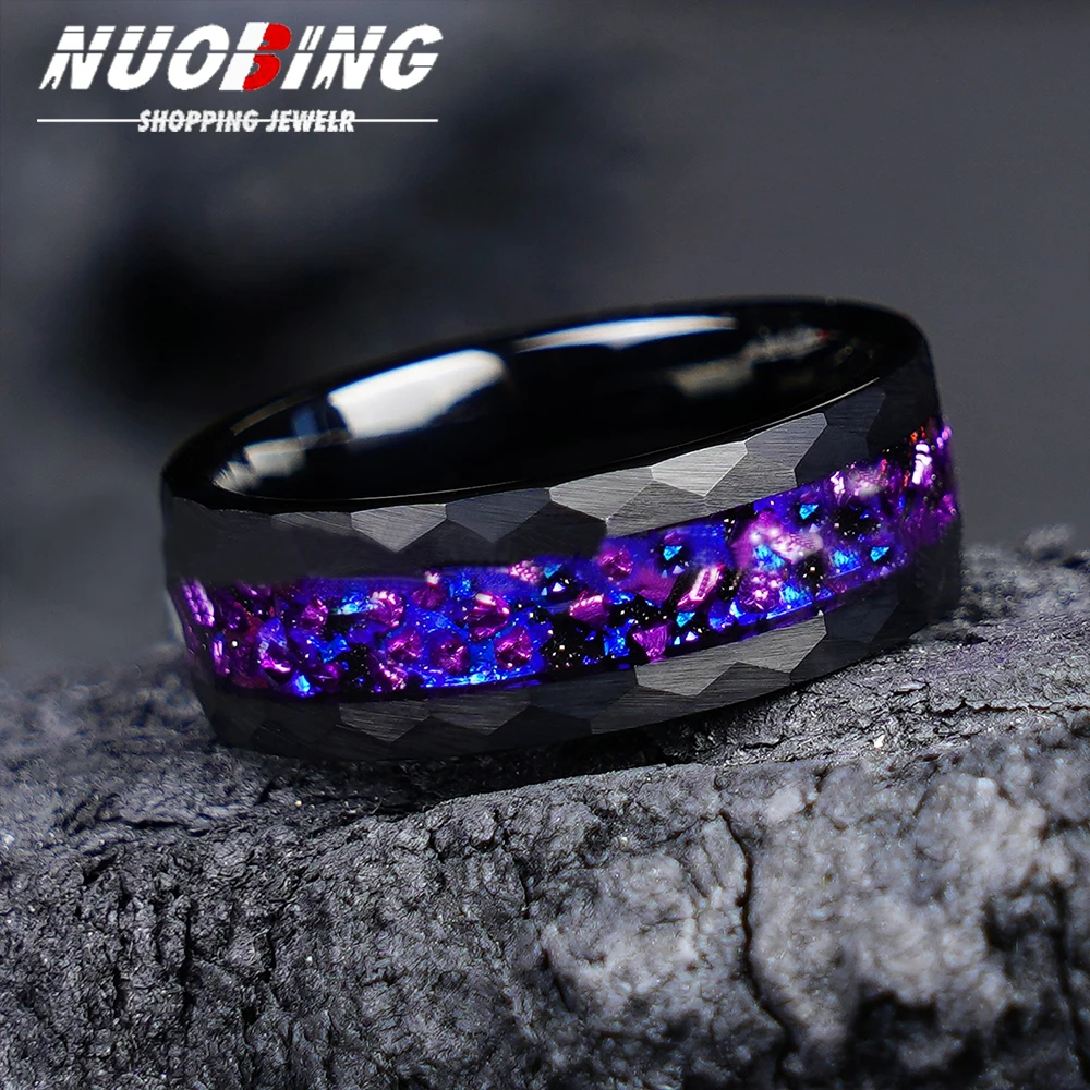 8mm Stainless Steel Ring Inlaid with Blue Galaxy Purple Gemstone Pattern Men Wedding Engagement Band Suitable for Daily Wear
