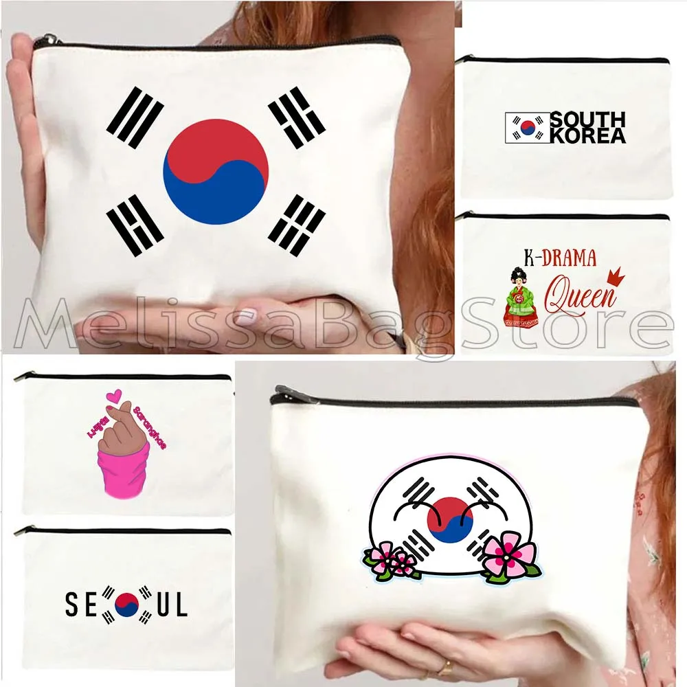 KPOP South Korea Flag Seoul Ulzzang Ins Finger Heart Canvas Cosmetic Makeup Toilet Lipstick Travel Storage Bag Pencil Case Pouch