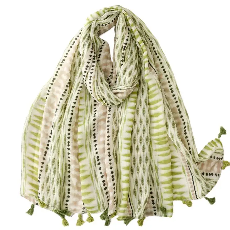 2025 Spring Women Cotton Geometry Pattern Tassel Shawls Scarf Long Geometric Print Soft Wrap Hijab 6 Color Wholesale 10pcs/LOT
